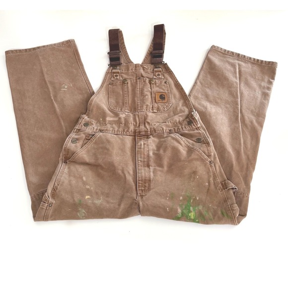 Carhartt Other - Carhartt R08 BRN Brown Duck Double Knee Bib Overalls Distressed Paint 32x30 Mens